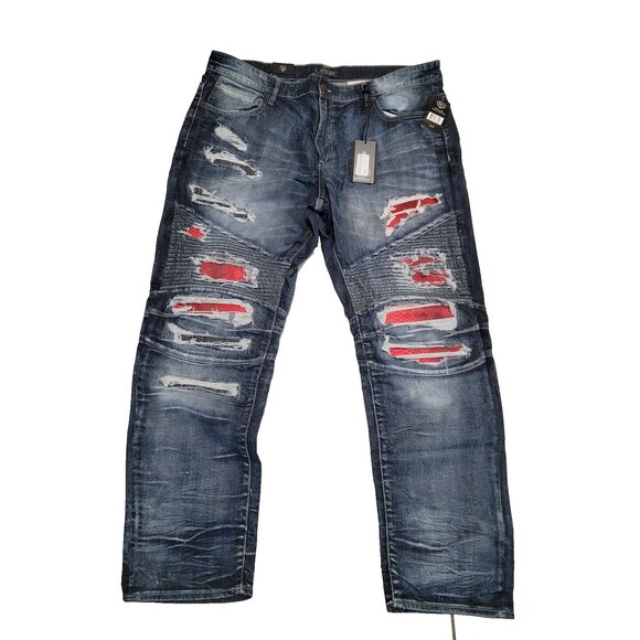 JC Atelier NWT JCA II Jeans Mens 44x32 Blue Denim Red Serpent Distressed Snake